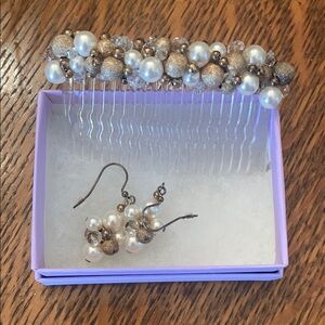 Pearl and champagne colored Beaded Hair Comb and Earrings Set